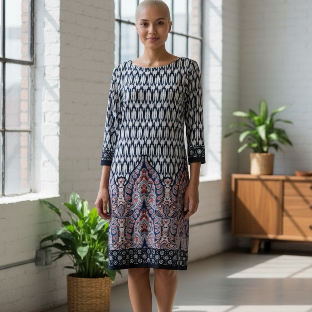 London Times Navy and White Mid-Length Sleeve Dress Size 12